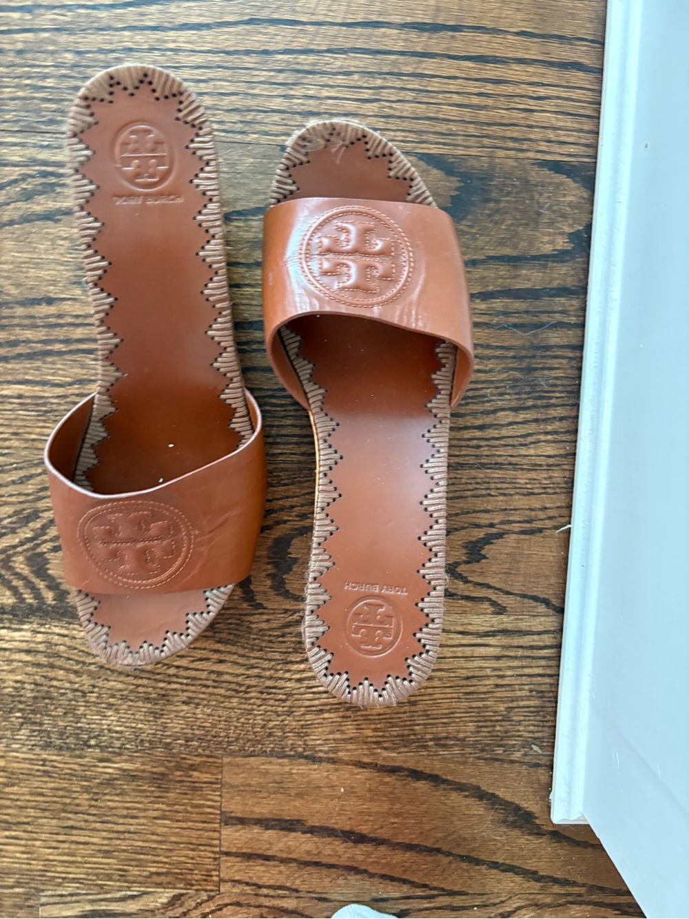 Tory Burch Tan Leather Slide Sandals with Logo Medallion